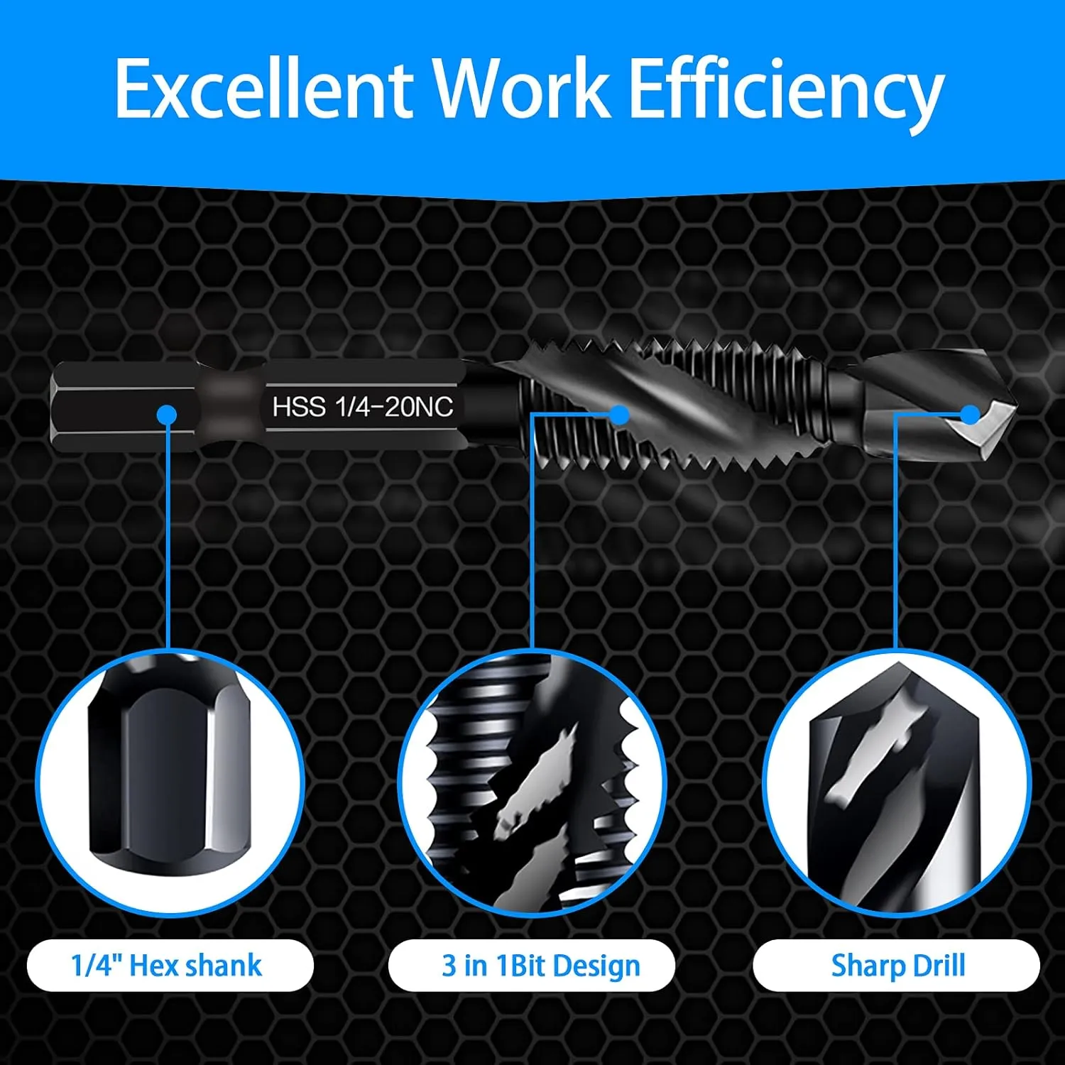 6-Piece 1/4-20NC Combination Drill Tap Bit Set SAE, Made of High-Speed Steel with Anti-Rust Blackened Coating, Ideal for Soft Metal, Wood & Plastic, 1/4” UNC-20 Thread Size, 1/4” Hex Shank