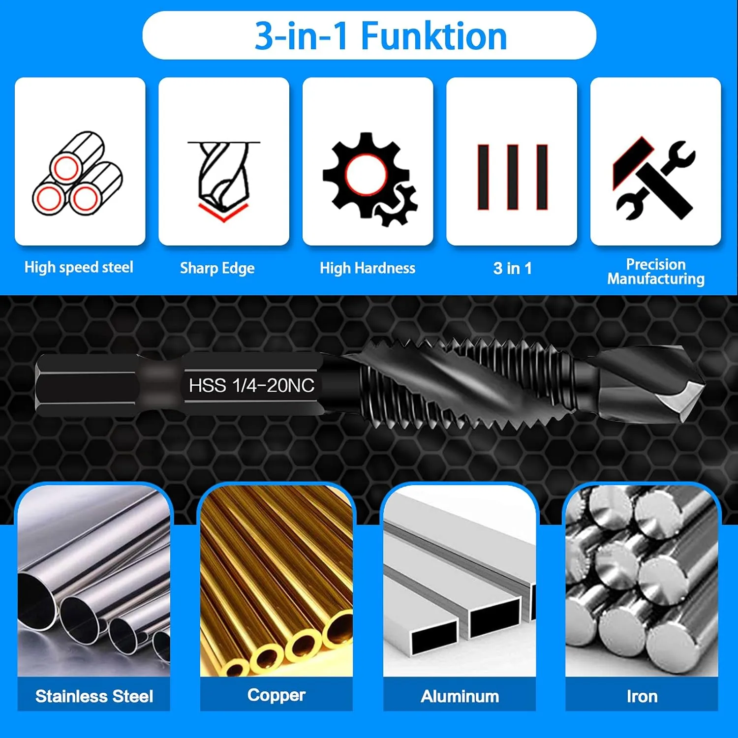 6-Piece 1/4-20NC Combination Drill Tap Bit Set SAE, Made of High-Speed Steel with Anti-Rust Blackened Coating, Ideal for Soft Metal, Wood & Plastic, 1/4” UNC-20 Thread Size, 1/4” Hex Shank