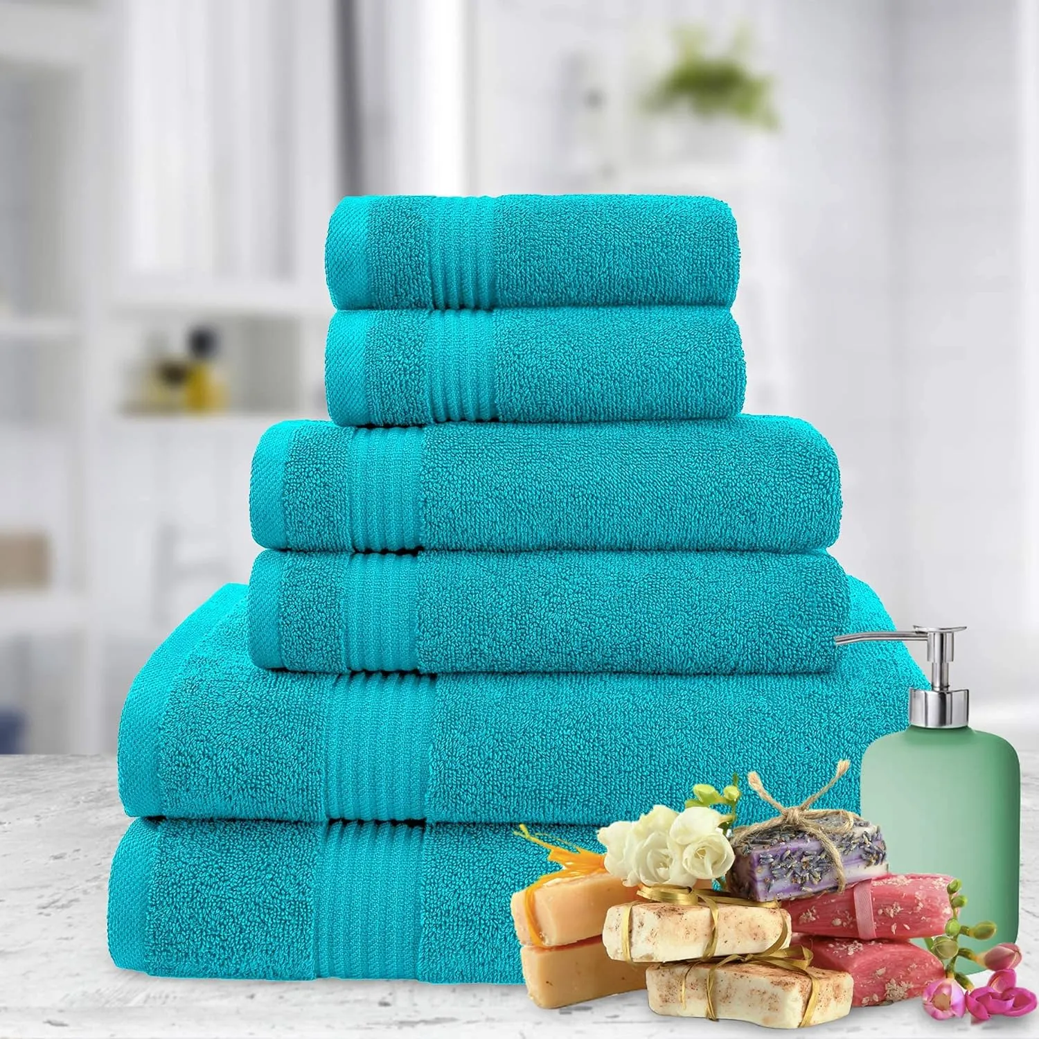 6 Piece Towel Set for Bathroom Clearance Prime, 100% Cotton Turkish Bathroom Towels, 2 Bath Towels 2 Hand Towels 2 Washcloths, Aqua Blue