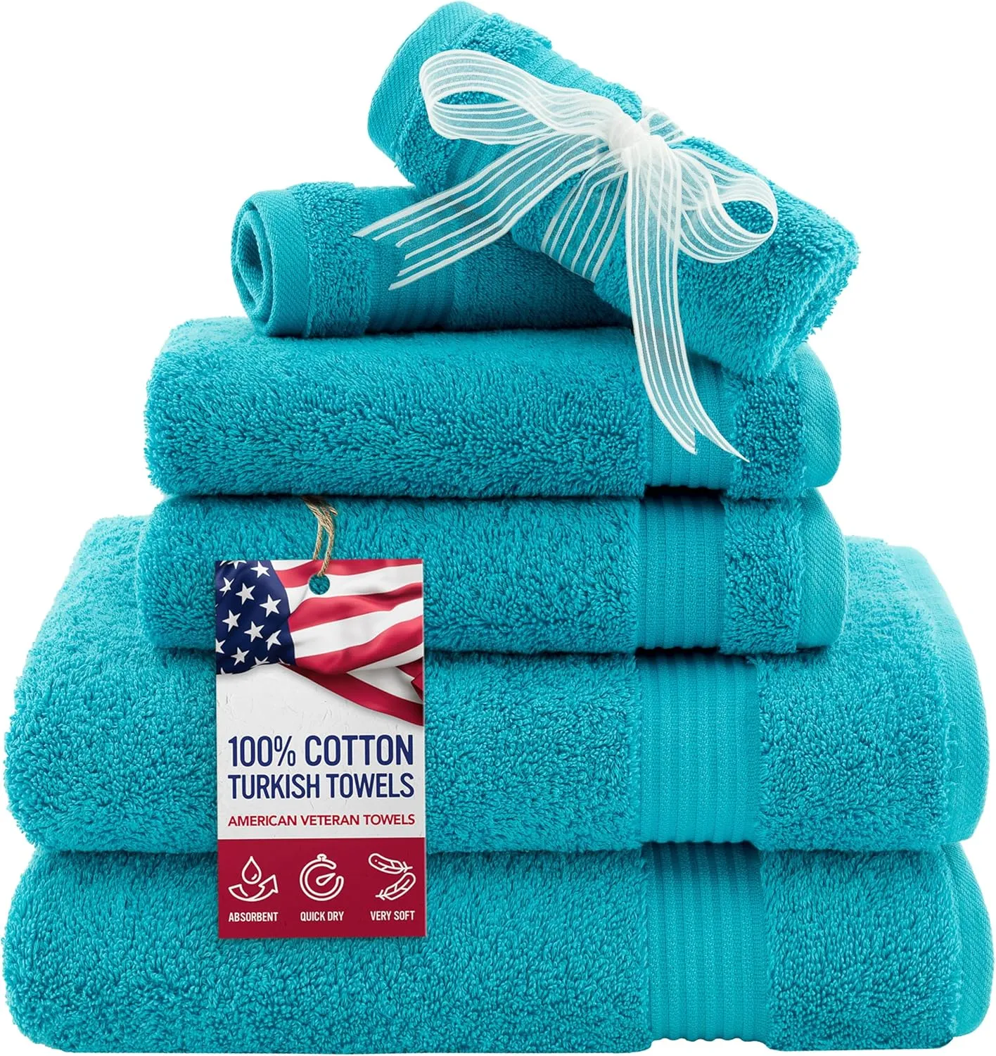 6 Piece Towel Set for Bathroom Clearance Prime, 100% Cotton Turkish Bathroom Towels, 2 Bath Towels 2 Hand Towels 2 Washcloths, Aqua Blue