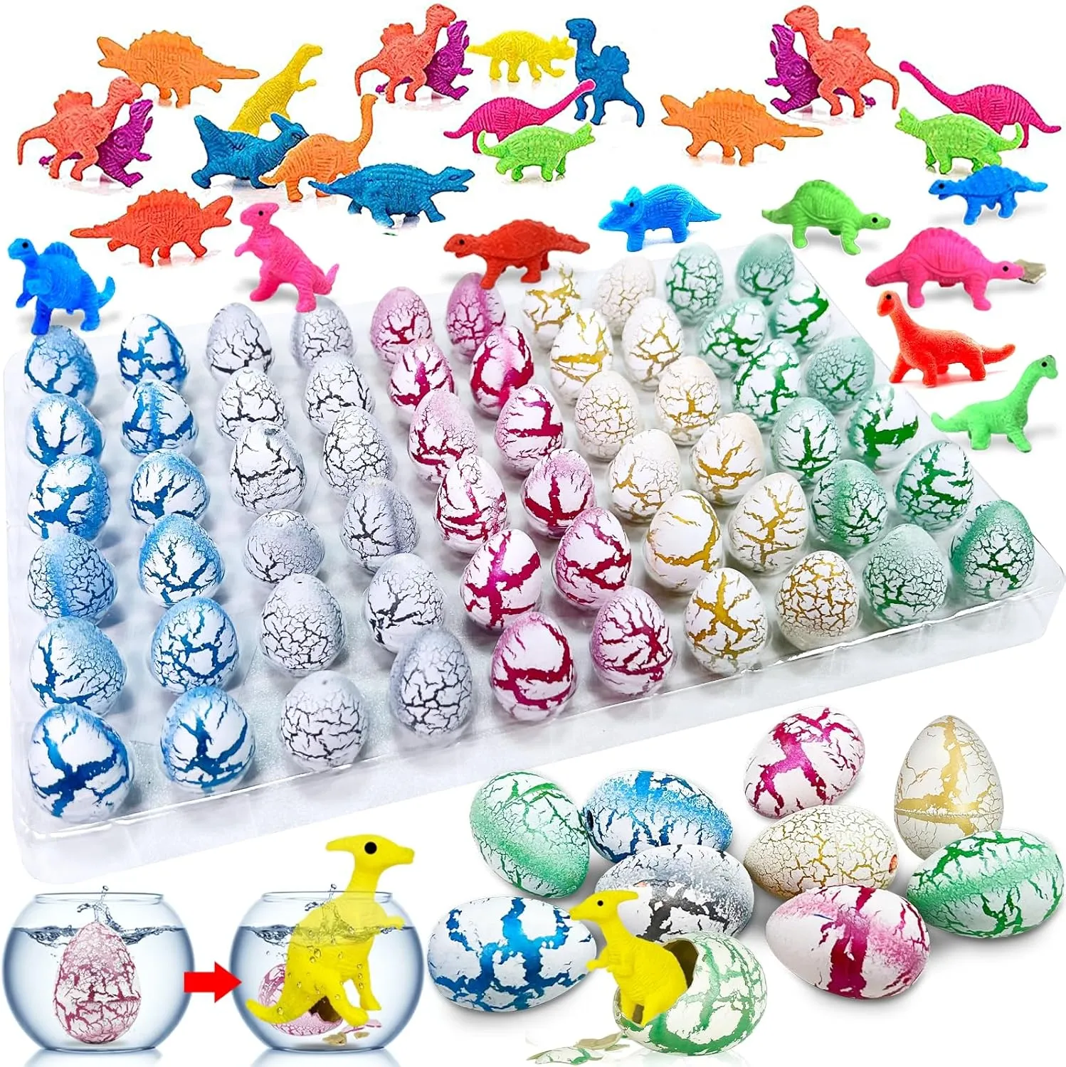 60 Pcs Hatching Dinosaur Eggs Party Favors for Kids Toddlers, Novelty Grow in Water Dino Eggs with Toys Inside Birthday Gifts Goodie Bag Stuffers, Treasure Box Prize for Classroom, Pinata Fillers