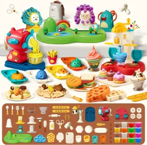 63 PCS 3 in 1 Dough Toy for Kids Ages 3-4-8, Barber Shop Hair Stylist Set, Ice Cream Playset Noodle Maker Machine, Art Crafts Dough Tools Kit, Kitchen Creations Food Play Toys Boys Girls