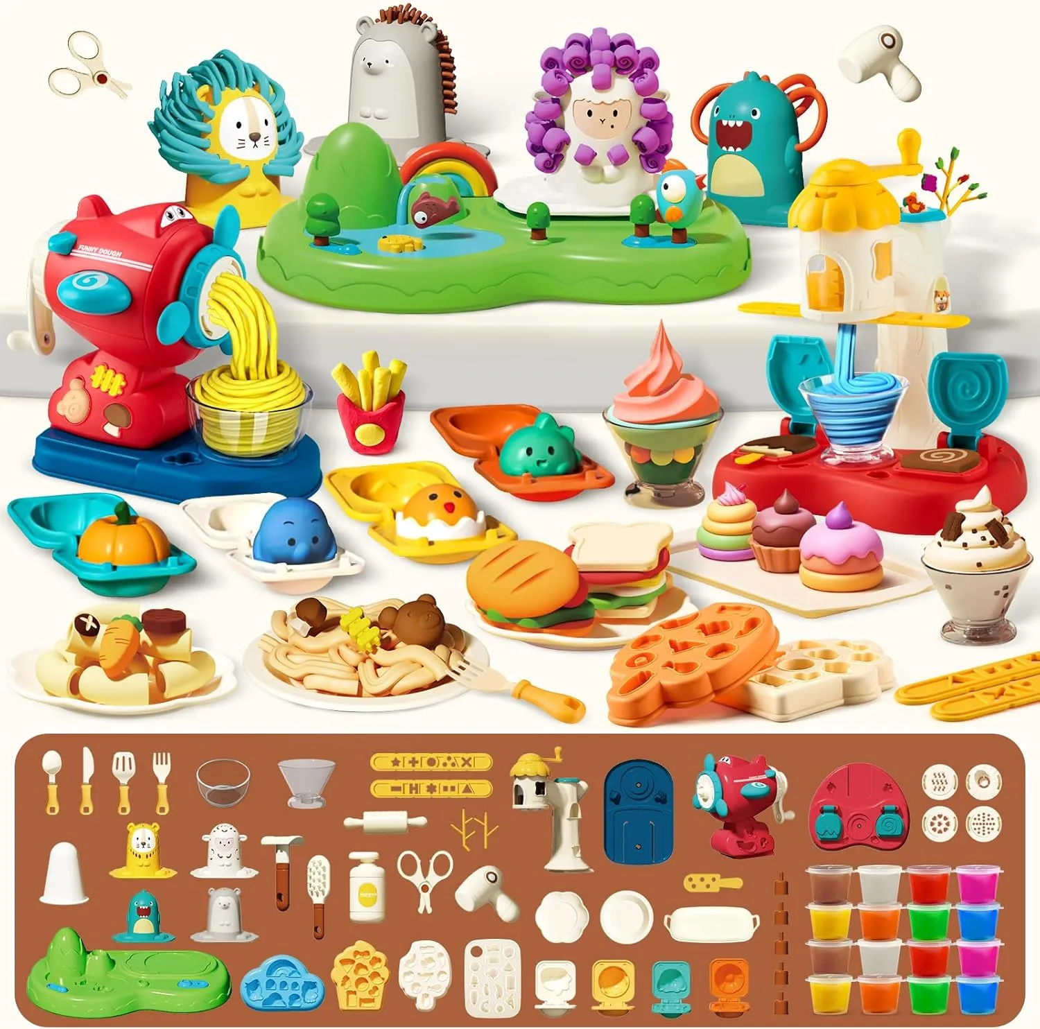 63 PCS 3 in 1 Dough Toy for Kids Ages 3-4-8, Barber Shop Hair Stylist Set, Ice Cream Playset Noodle Maker Machine, Art Crafts Dough Tools Kit, Kitchen Creations Food Play Toys Boys Girls