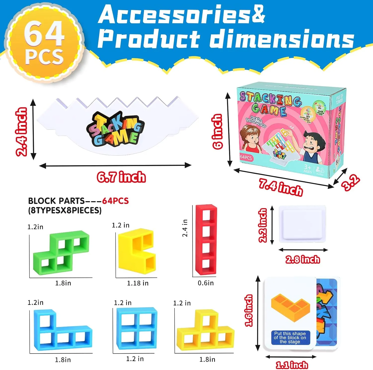 64PCS Stack Game for Adult & Kids, Tetra Board Tower Games for Family Travel Party, 2 Players Balance Stacking Toy, Team Toys Building Block