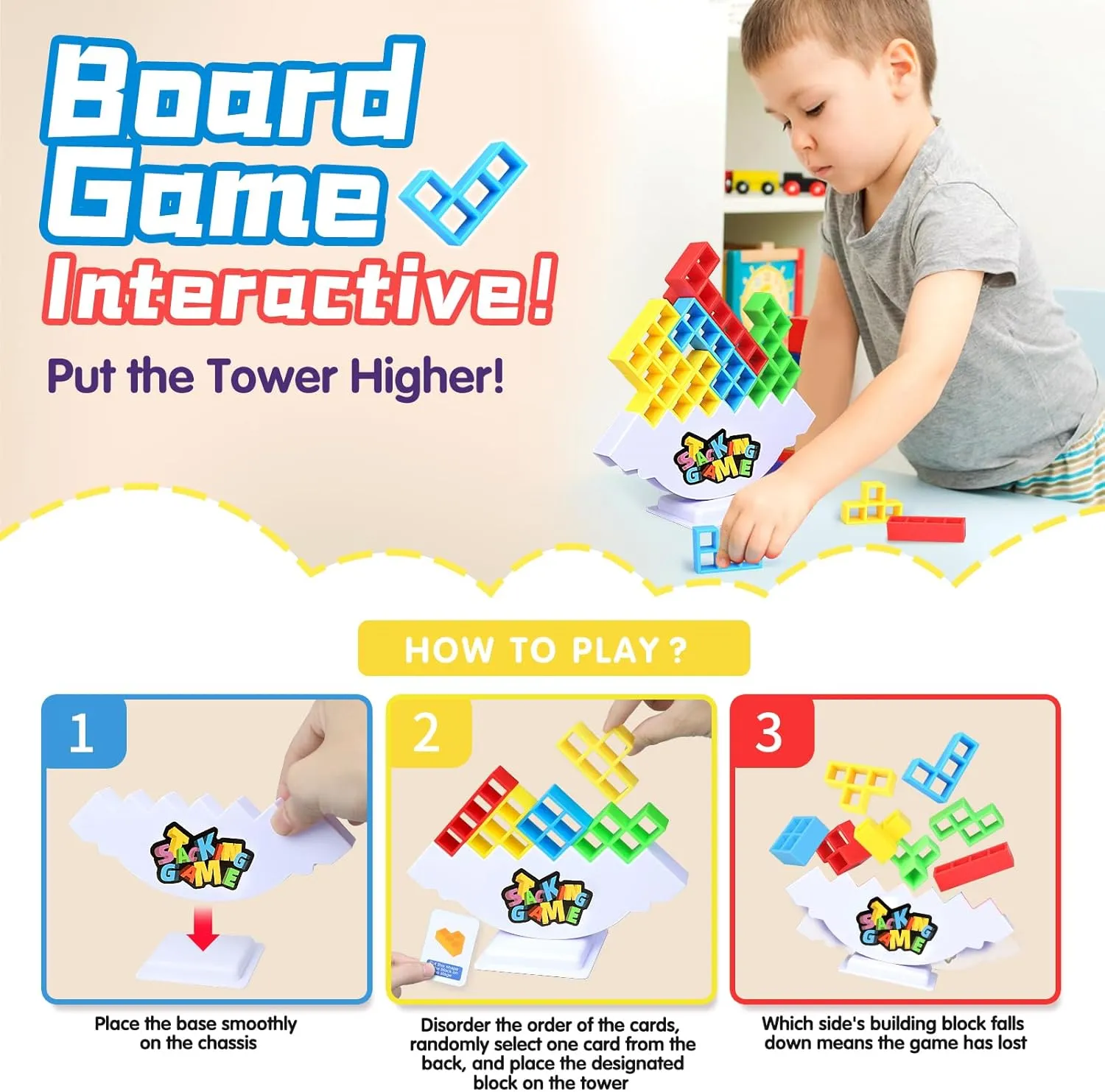 64PCS Stack Game for Adult & Kids, Tetra Board Tower Games for Family Travel Party, 2 Players Balance Stacking Toy, Team Toys Building Block