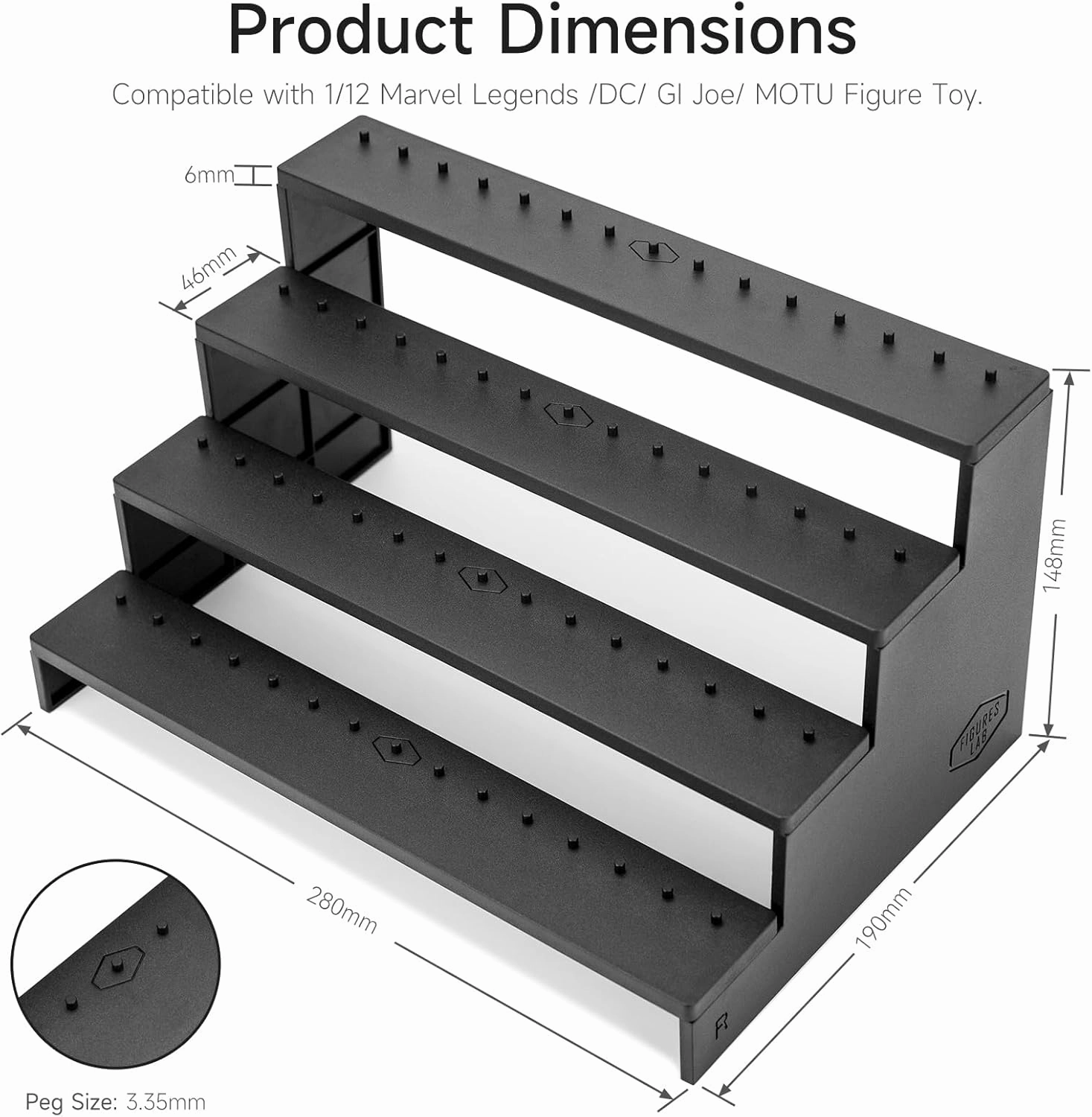 6 inch Acrylic Riser Display Shelf,Clear Action Figures Stands With PEG,4 Tier Toy Collectibles Organizer Compatible with 1/12 Scale Action Figure Toy (Fit For 6 inch Figure Toy-Black)