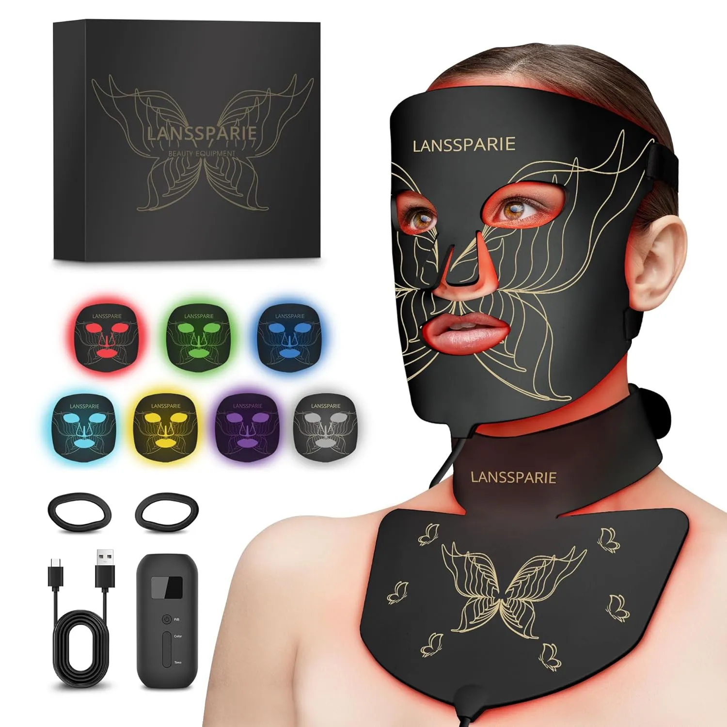 7-IN-1 Colors Led Face Mask Light Therapy, Soft Silicone Red Light Therapy Mask for Face and Neck, Led Mask Light Therapy with 5 Brightness Levels for Anti-Aging, Skincare at Home & Travel