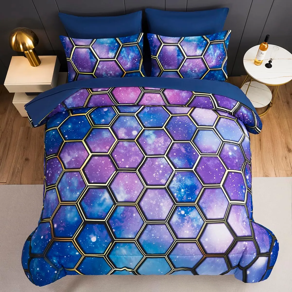 7 Pieces Bed in A Bag Set Full Size Galaxy Bedding Set for Boys Girls Kids Universe Outer Space Comforter Set Soft Microfiber Geometric Bed Set for All Seasons(Galaxy Blue, Full)
