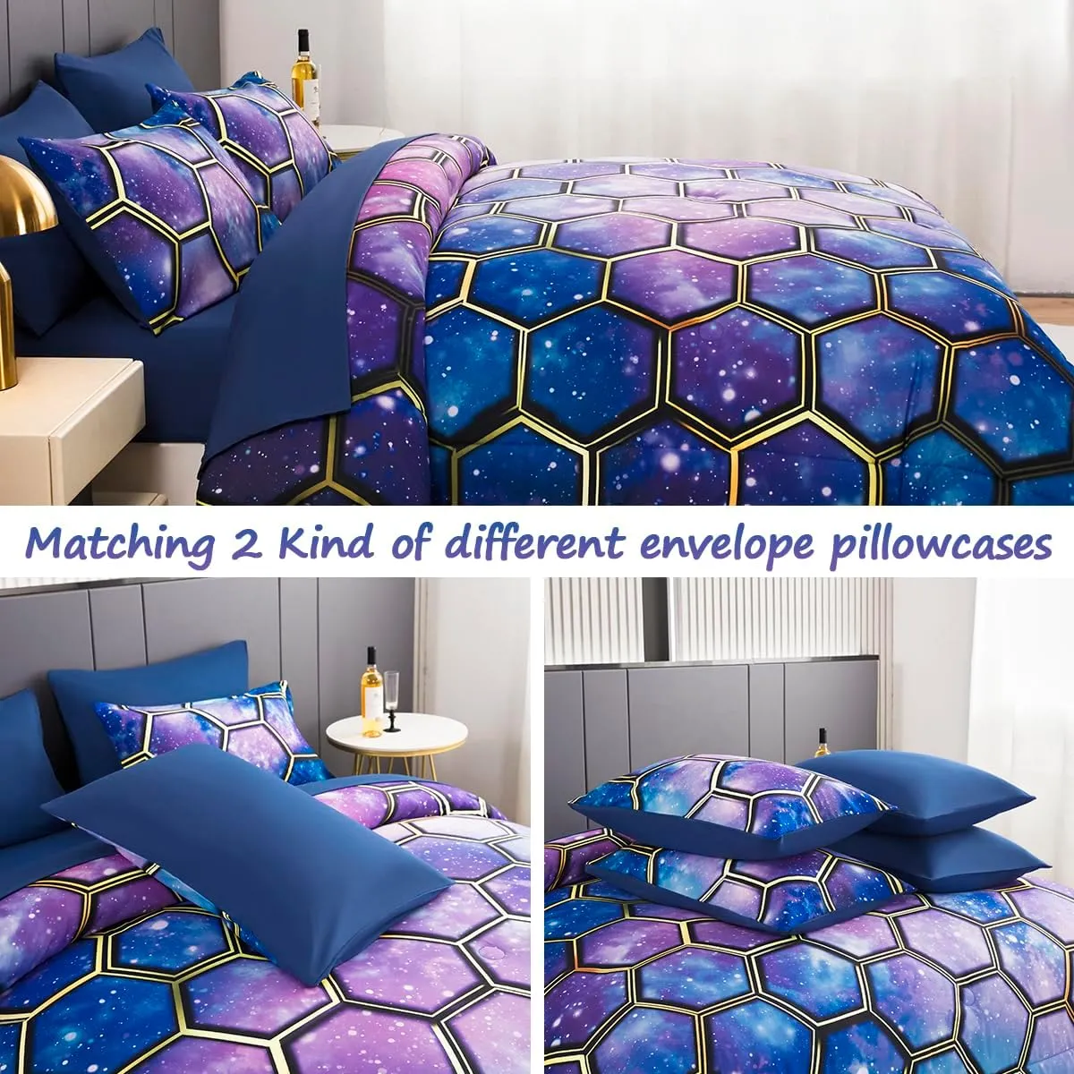 7 Pieces Bed in A Bag Set Full Size Galaxy Bedding Set for Boys Girls Kids Universe Outer Space Comforter Set Soft Microfiber Geometric Bed Set for All Seasons(Galaxy Blue, Full)