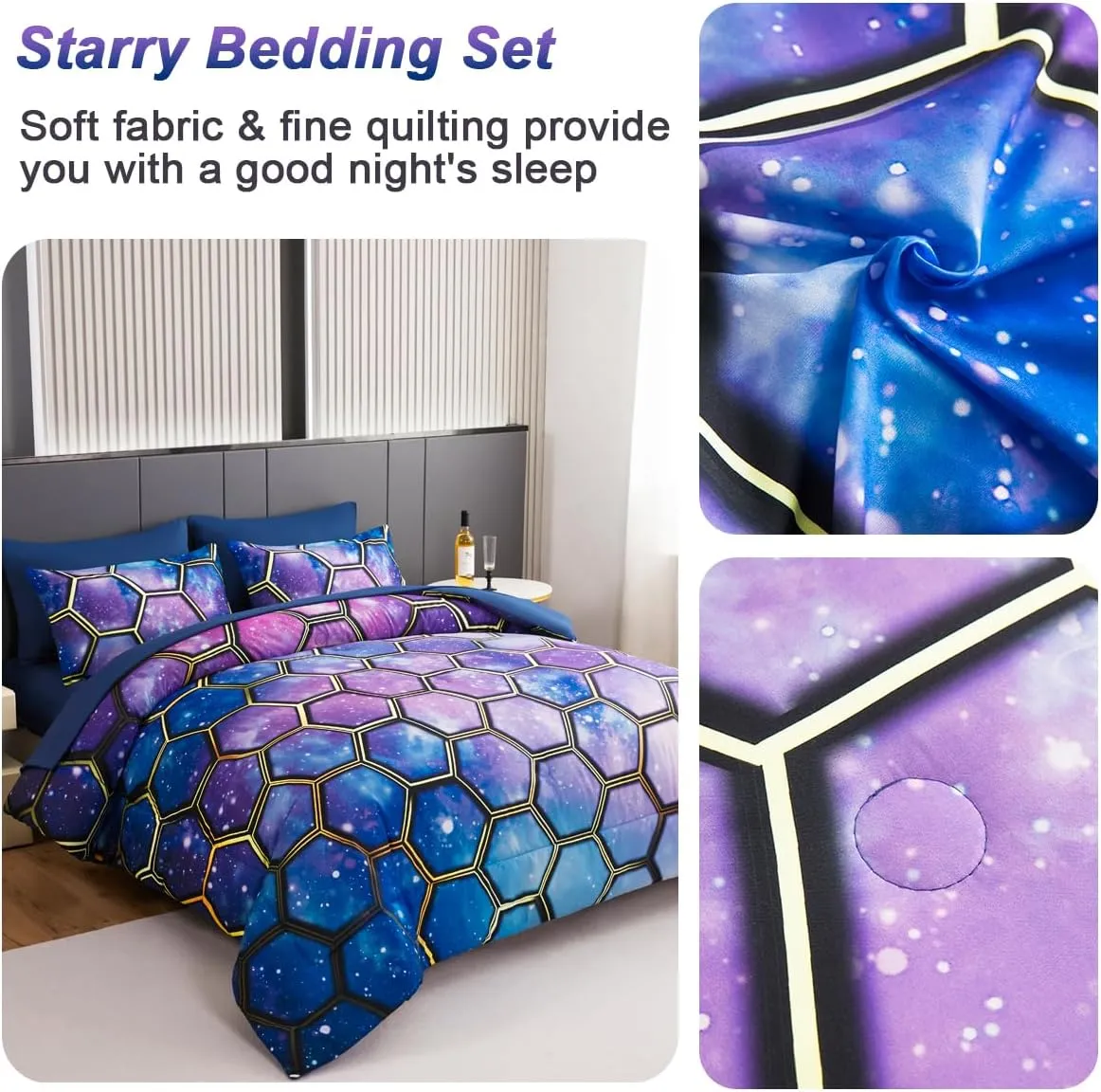 7 Pieces Bed in A Bag Set Full Size Galaxy Bedding Set for Boys Girls Kids Universe Outer Space Comforter Set Soft Microfiber Geometric Bed Set for All Seasons(Galaxy Blue, Full)
