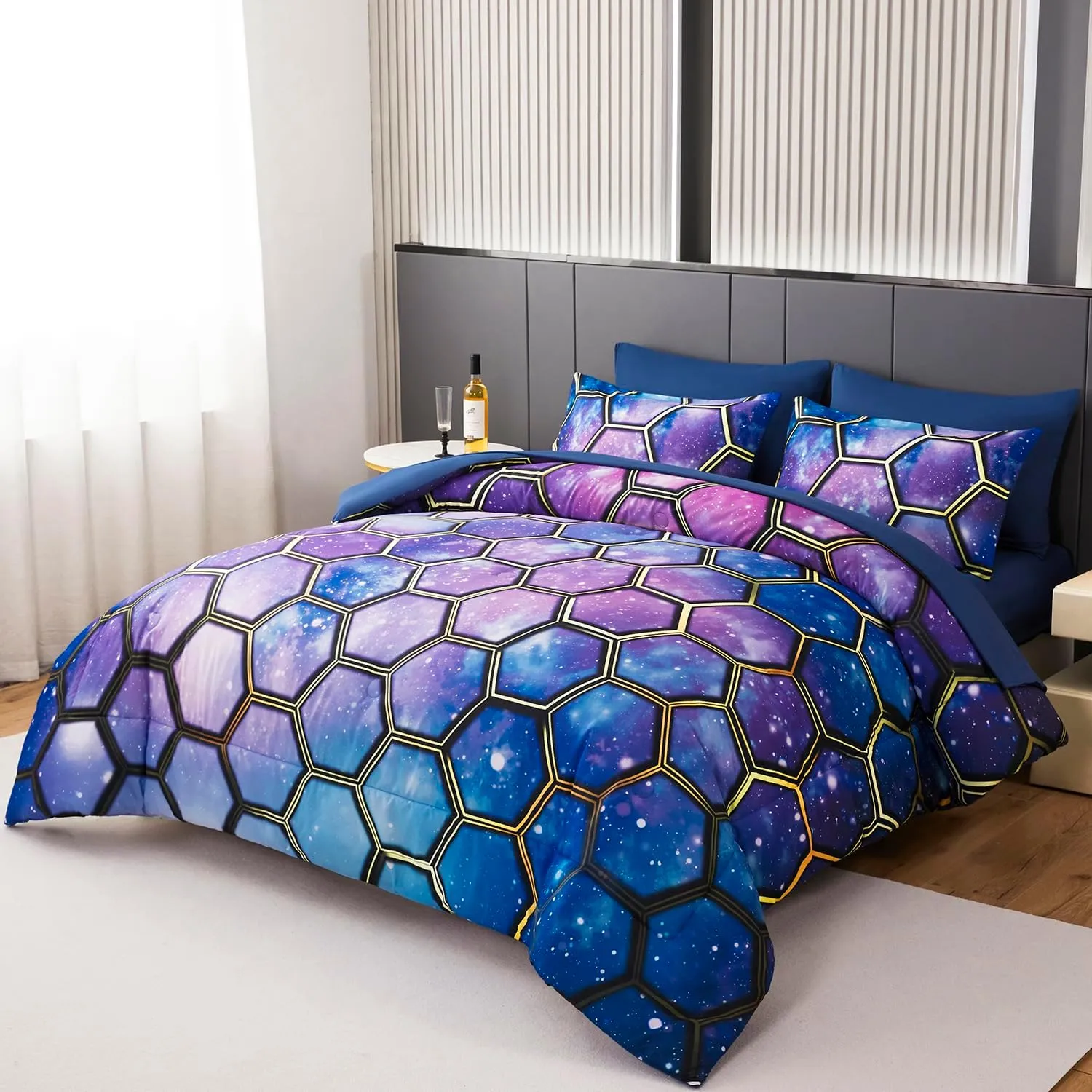 7 Pieces Bed in A Bag Set Full Size Galaxy Bedding Set for Boys Girls Kids Universe Outer Space Comforter Set Soft Microfiber Geometric Bed Set for All Seasons(Galaxy Blue, Full)