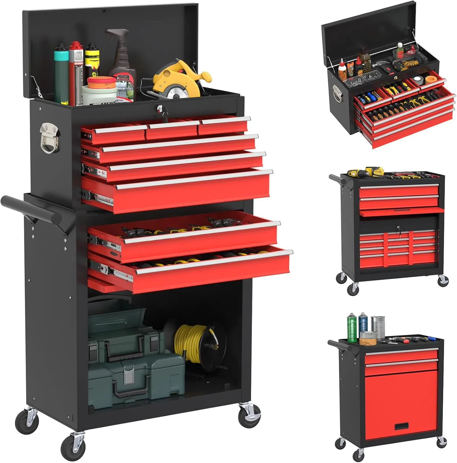 8-Drawer High Capacity Tool Box On Wheels, Rolling Tool Chest with Wheels, Removable Storage Toolbox with Lock for Garage, Workshop
