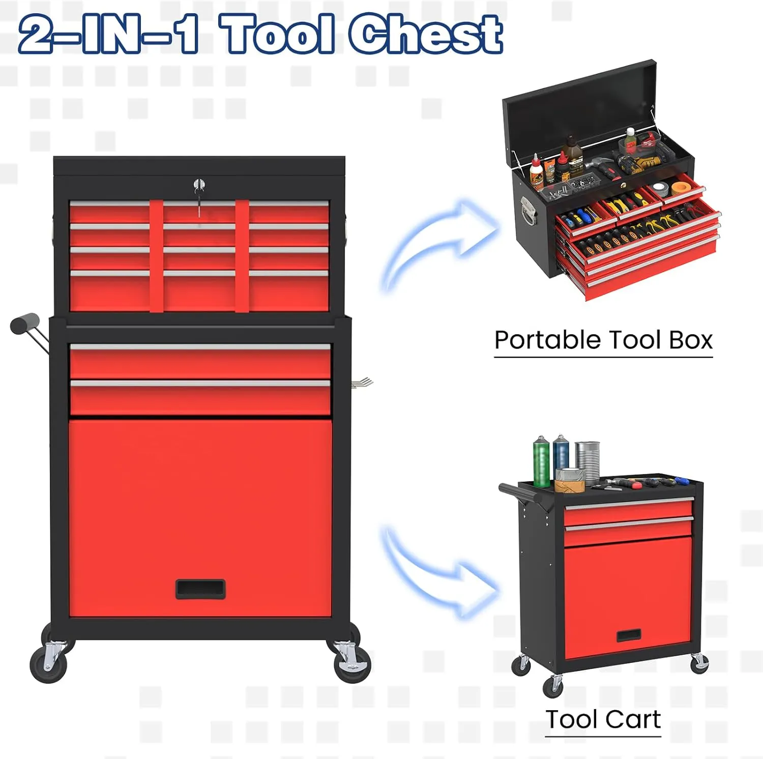 8-Drawer High Capacity Tool Box On Wheels, Rolling Tool Chest with Wheels, Removable Storage Toolbox with Lock for Garage, Workshop