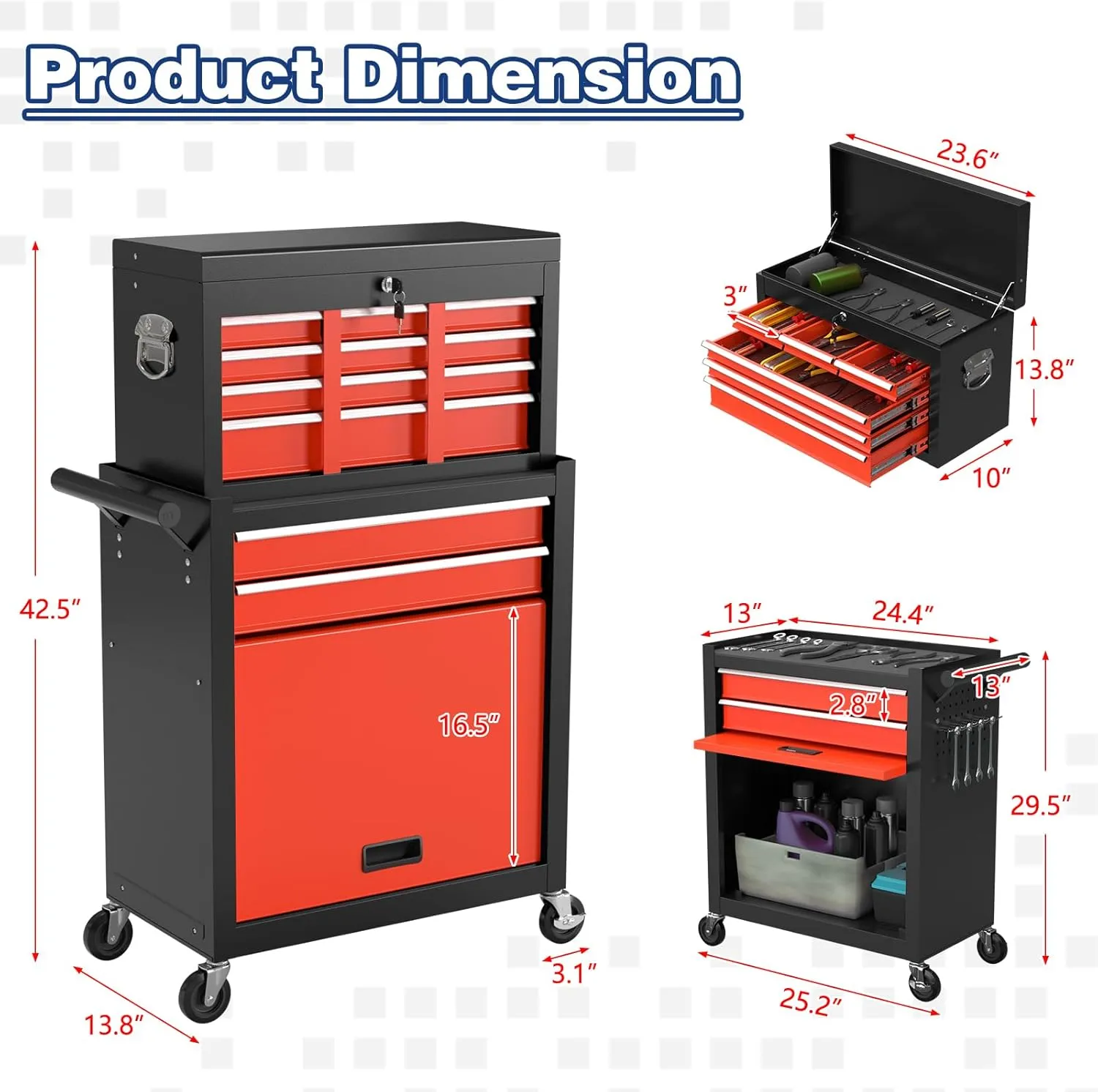 8-Drawer High Capacity Tool Box On Wheels, Rolling Tool Chest with Wheels, Removable Storage Toolbox with Lock for Garage, Workshop