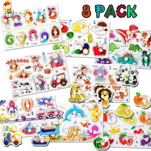 8 Pack Wooden Peg Puzzles for Toddlers 1-3, Kids' Educational Preschool Peg Puzzle Toy, Toddler Puzzles -Animal, Traffic,Number, Dinosaur, Vegetable and Fruit, Gift for Ages 1 2 3 Boys and Girls (8)