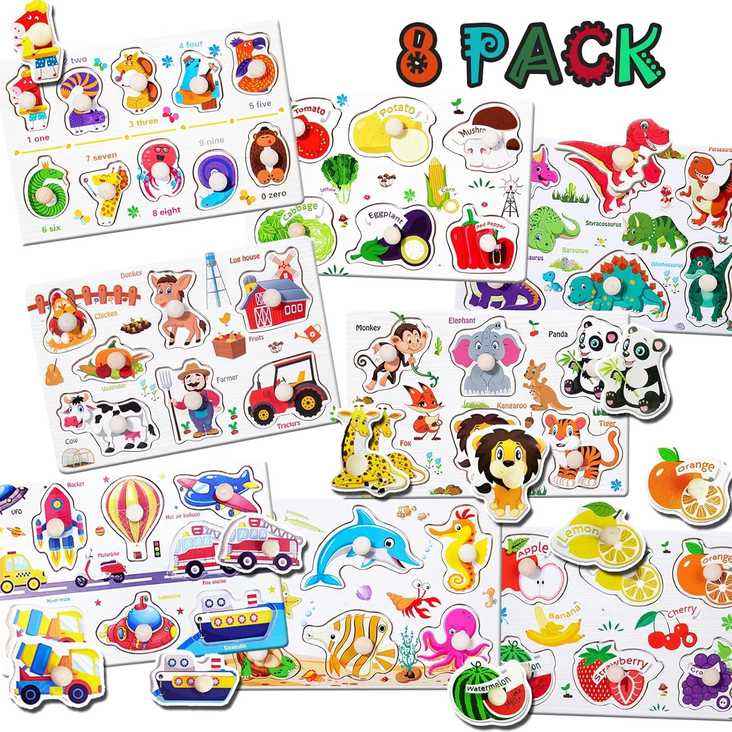 8 Pack Wooden Peg Puzzles for Toddlers 1-3, Kids' Educational Preschool Peg Puzzle Toy, Toddler Puzzles -Animal, Traffic,Number, Dinosaur, Vegetable and Fruit, Gift for Ages 1 2 3 Boys and Girls (8)
