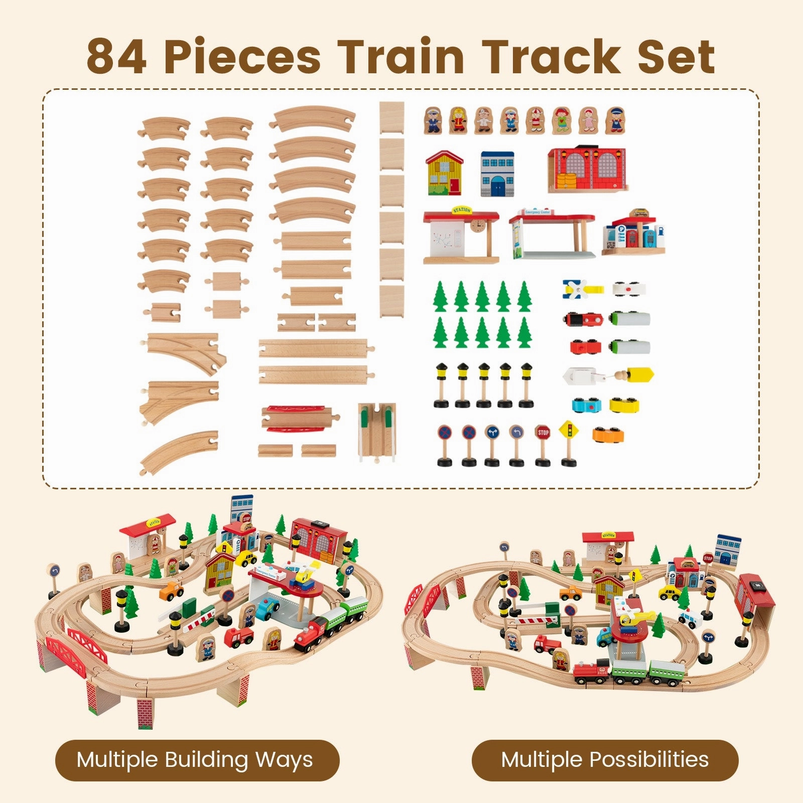 84-Piece Wooden Train Set with Reversible and Detachable Tabletop