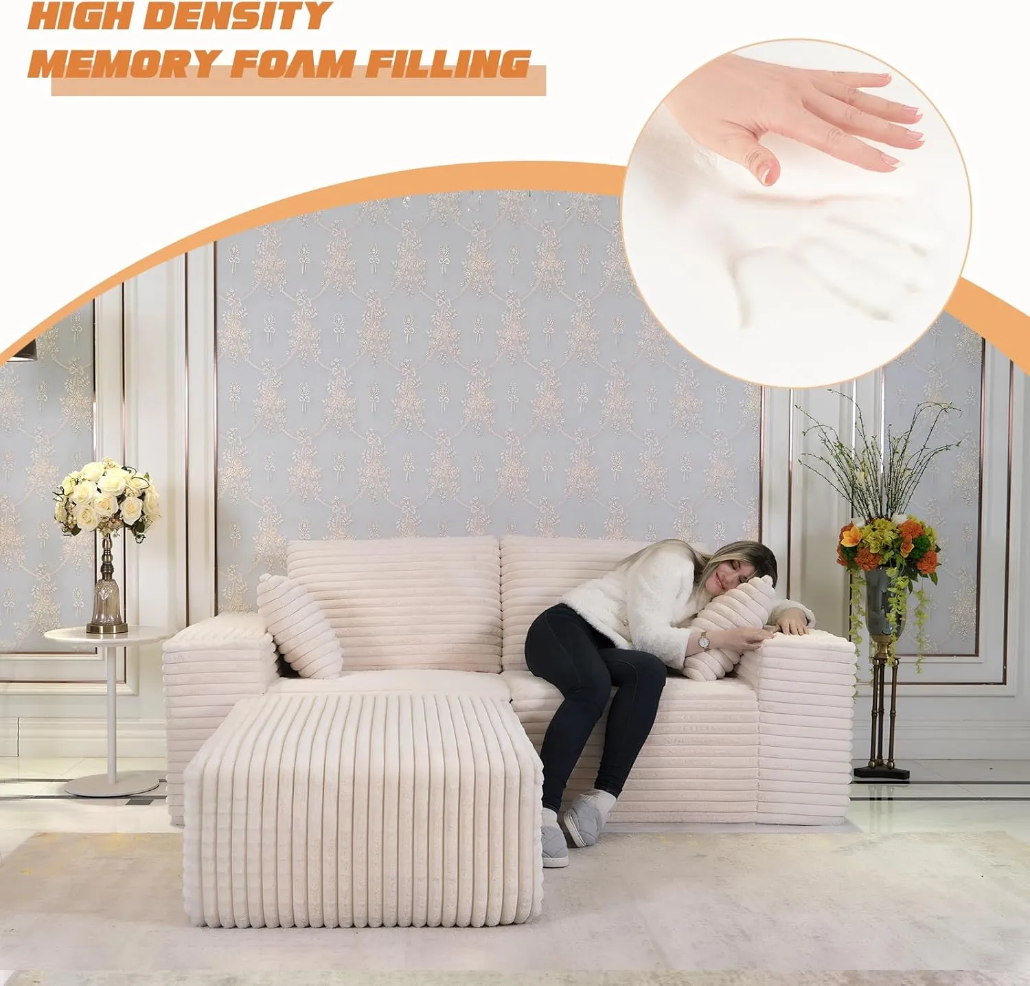85" Cloud Small Love Seat Couches, Modular L Shaped Sectional Sofa with Chaise, Plush Corduroy Couch, No Assembly Deep Seat Memory Foam Couch with 2 Pillows for Apartment & Bedroom,Beige