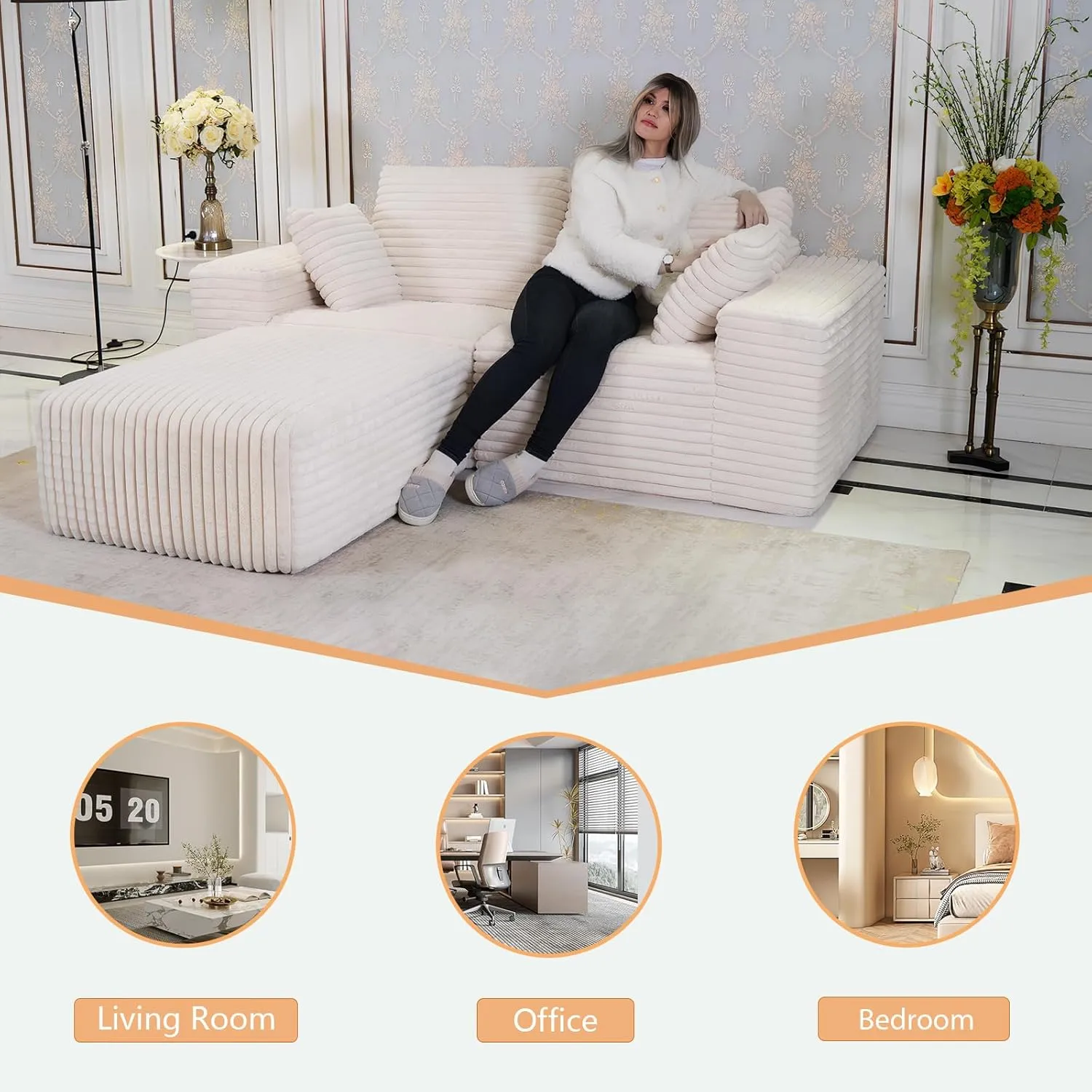 85" Cloud Small Love Seat Couches, Modular L Shaped Sectional Sofa with Chaise, Plush Corduroy Couch, No Assembly Deep Seat Memory Foam Couch with 2 Pillows for Apartment & Bedroom,Beige