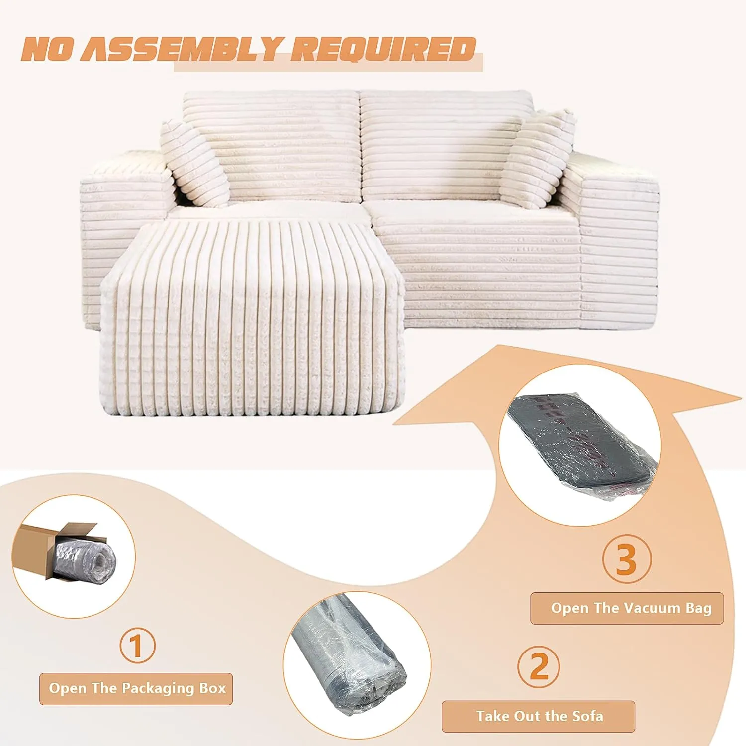 85" Cloud Small Love Seat Couches, Modular L Shaped Sectional Sofa with Chaise, Plush Corduroy Couch, No Assembly Deep Seat Memory Foam Couch with 2 Pillows for Apartment & Bedroom,Beige