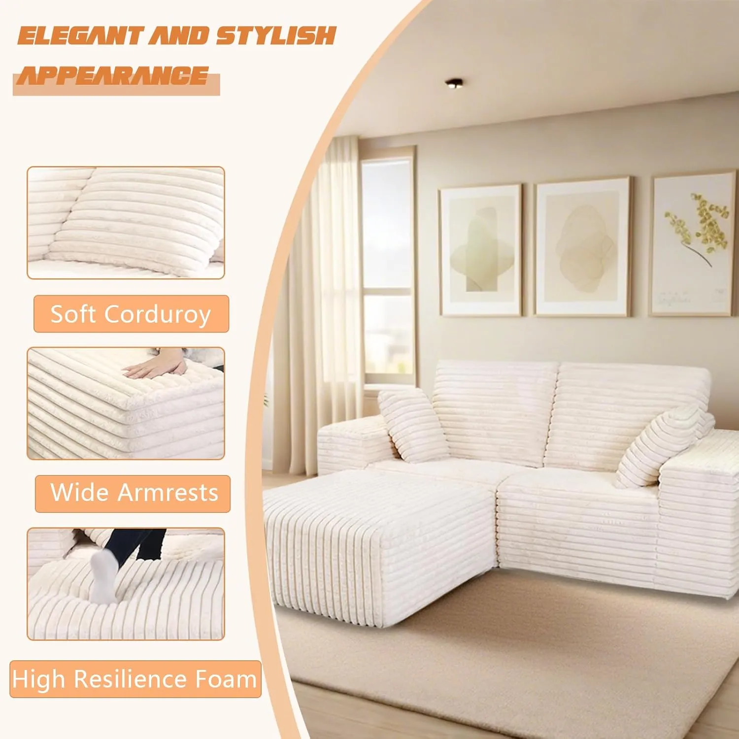 85" Cloud Small Love Seat Couches, Modular L Shaped Sectional Sofa with Chaise, Plush Corduroy Couch, No Assembly Deep Seat Memory Foam Couch with 2 Pillows for Apartment & Bedroom,Beige