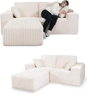 85" Cloud Small Love Seat Couches, Modular L Shaped Sectional Sofa with Chaise, Plush Corduroy Couch, No Assembly Deep Seat Memory Foam Couch with 2 Pillows for Apartment & Bedroom,Beige