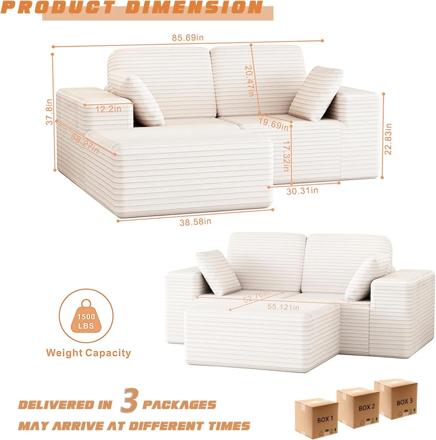 85" Cloud Small Love Seat Couches, Modular L Shaped Sectional Sofa with Chaise, Plush Corduroy Couch, No Assembly Deep Seat Memory Foam Couch with 2 Pillows for Apartment & Bedroom,Beige