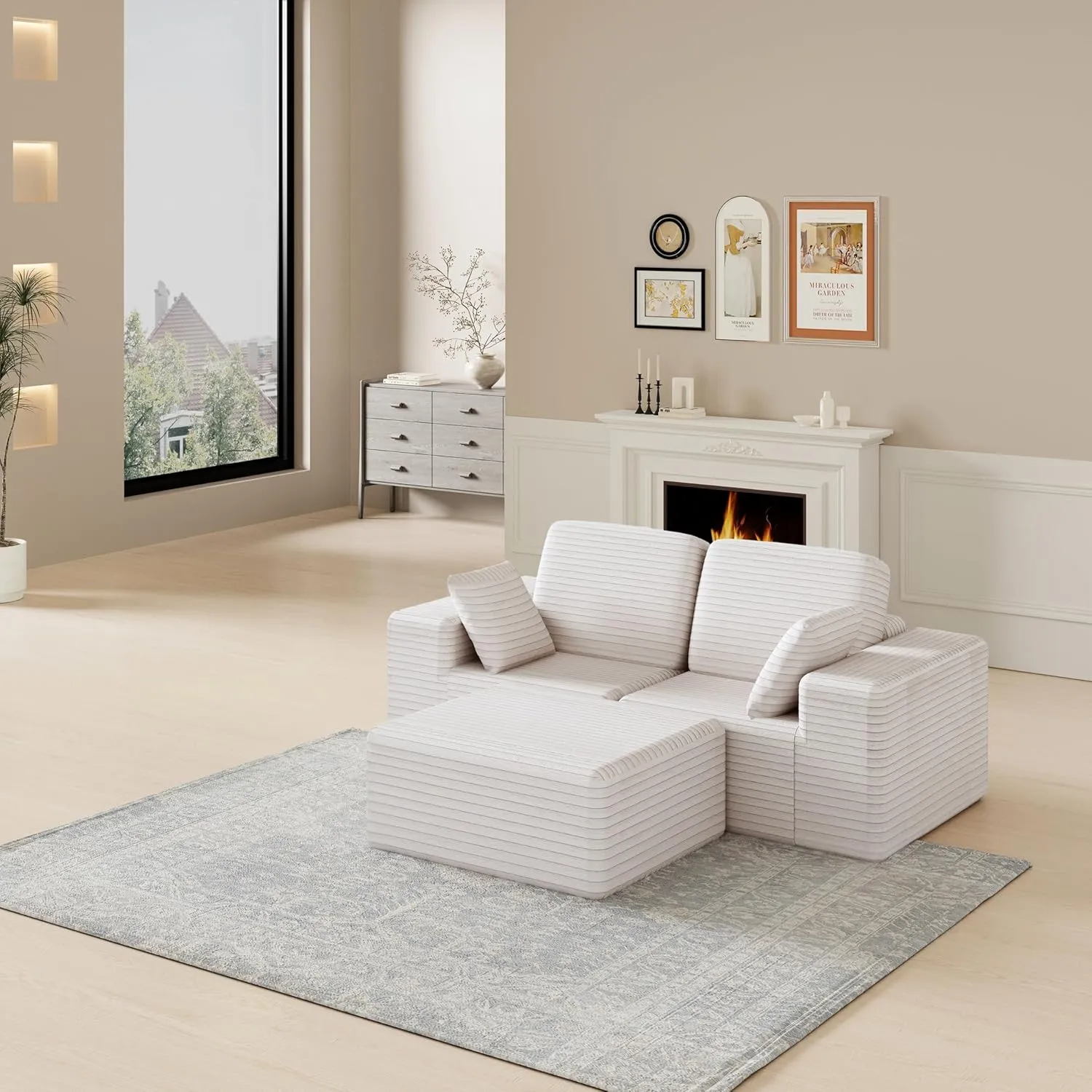 85" Cloud Small Love Seat Couches, Modular L Shaped Sectional Sofa with Chaise, Plush Corduroy Couch, No Assembly Deep Seat Memory Foam Couch with 2 Pillows for Apartment & Bedroom,Beige