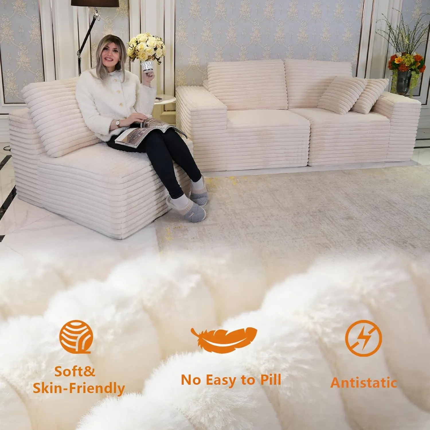 85" Cloud Small Love Seat Couches, Modular L Shaped Sectional Sofa with Chaise, Plush Corduroy Couch, No Assembly Deep Seat Memory Foam Couch with 2 Pillows for Apartment & Bedroom,Beige