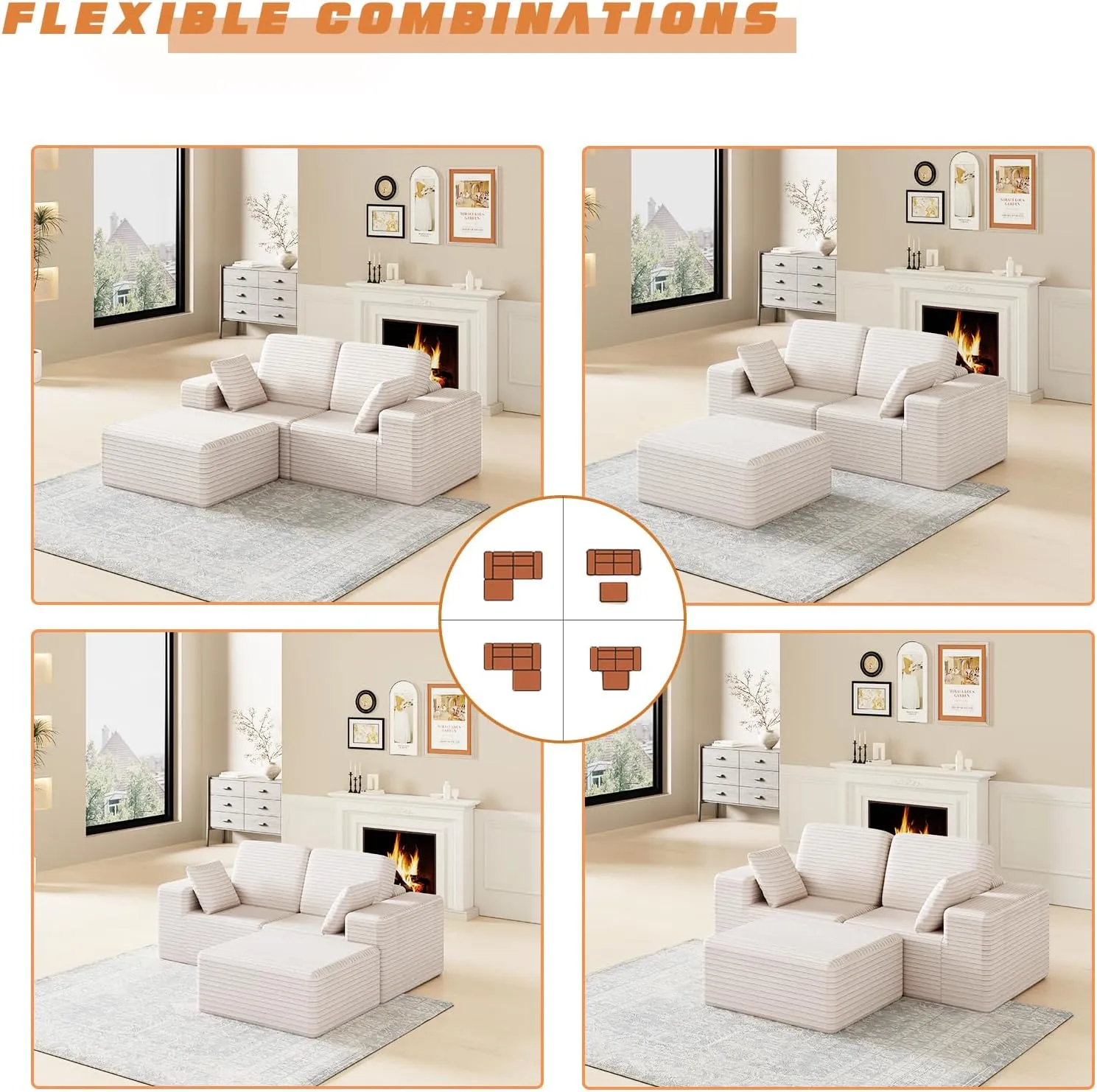 85" Cloud Small Love Seat Couches, Modular L Shaped Sectional Sofa with Chaise, Plush Corduroy Couch, No Assembly Deep Seat Memory Foam Couch with 2 Pillows for Apartment & Bedroom,Beige