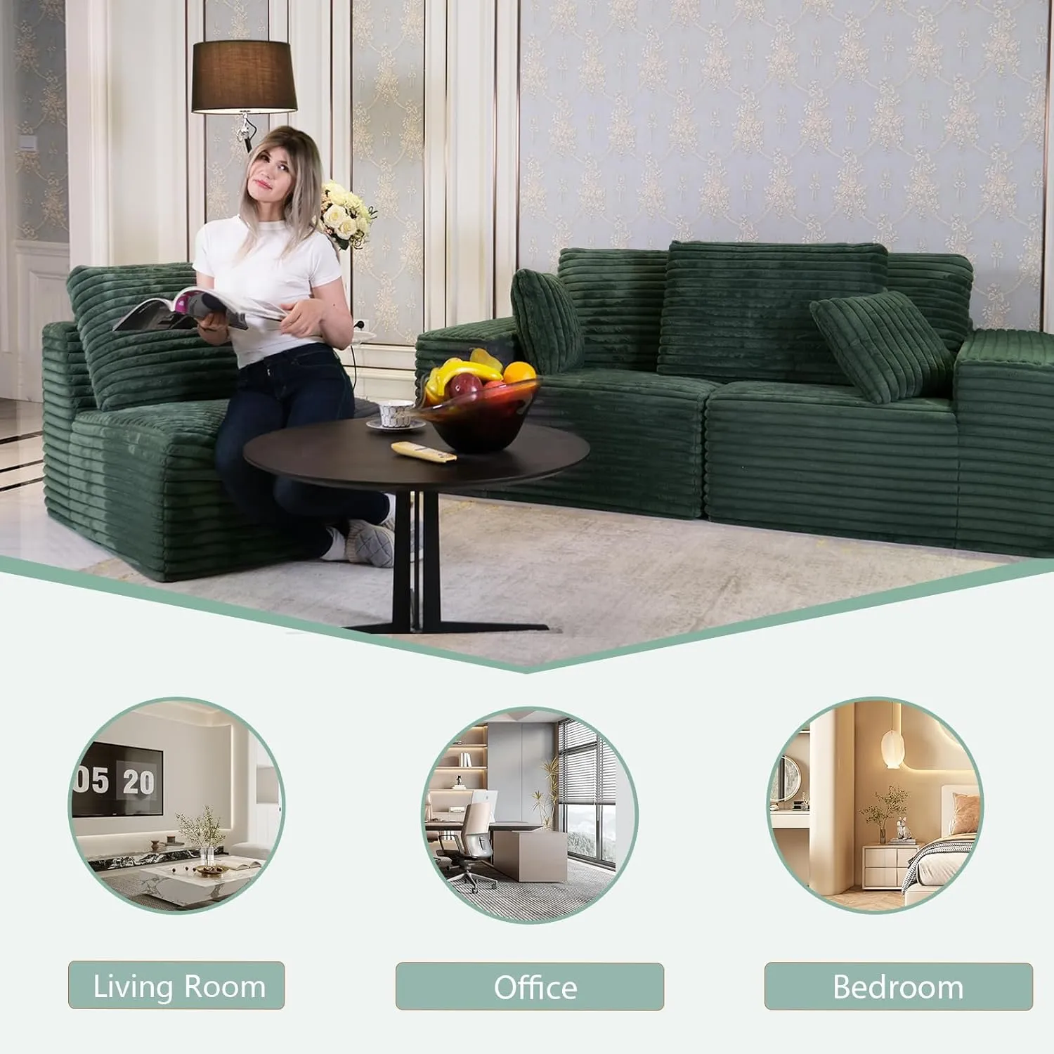 85" Cloud Small Love Seat Couches, Modular L Shaped Sectional Sofa with Chaise, Plush Corduroy Couch, No Assembly Deep Seat Memory Foam Couch with 2 Pillows for Apartment & Bedroom,Green