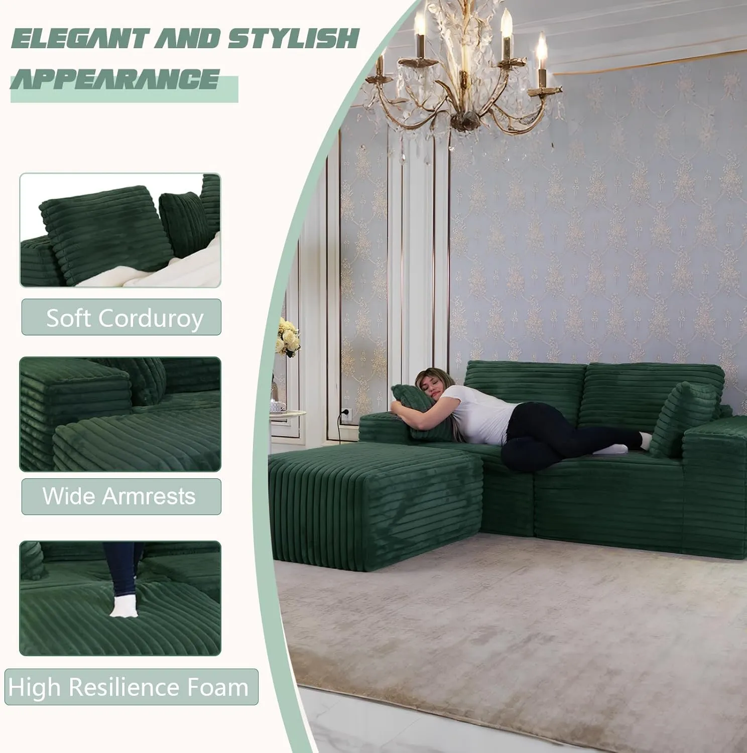 85" Cloud Small Love Seat Couches, Modular L Shaped Sectional Sofa with Chaise, Plush Corduroy Couch, No Assembly Deep Seat Memory Foam Couch with 2 Pillows for Apartment & Bedroom,Green