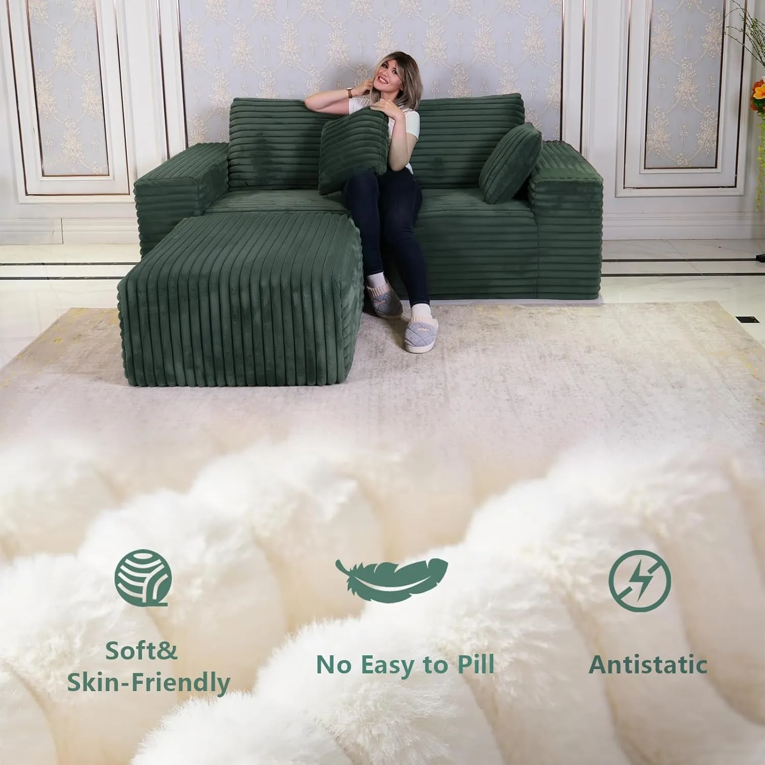 85" Cloud Small Love Seat Couches, Modular L Shaped Sectional Sofa with Chaise, Plush Corduroy Couch, No Assembly Deep Seat Memory Foam Couch with 2 Pillows for Apartment & Bedroom,Green