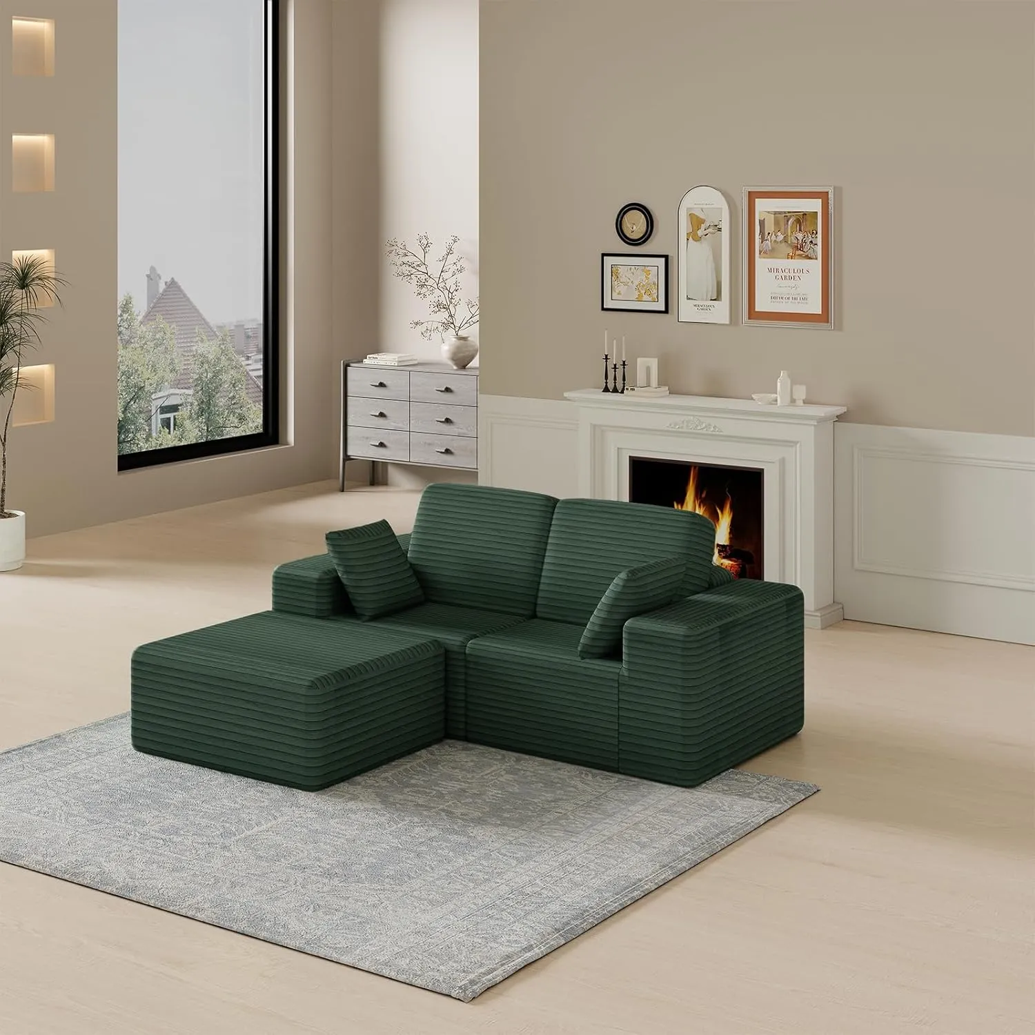 85" Cloud Small Love Seat Couches, Modular L Shaped Sectional Sofa with Chaise, Plush Corduroy Couch, No Assembly Deep Seat Memory Foam Couch with 2 Pillows for Apartment & Bedroom,Green