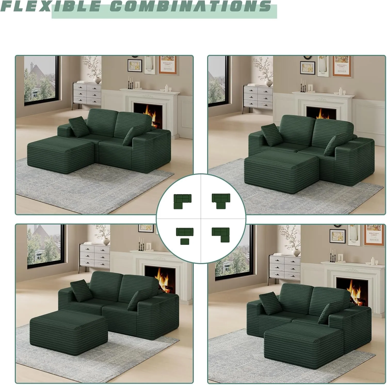 85" Cloud Small Love Seat Couches, Modular L Shaped Sectional Sofa with Chaise, Plush Corduroy Couch, No Assembly Deep Seat Memory Foam Couch with 2 Pillows for Apartment & Bedroom,Green