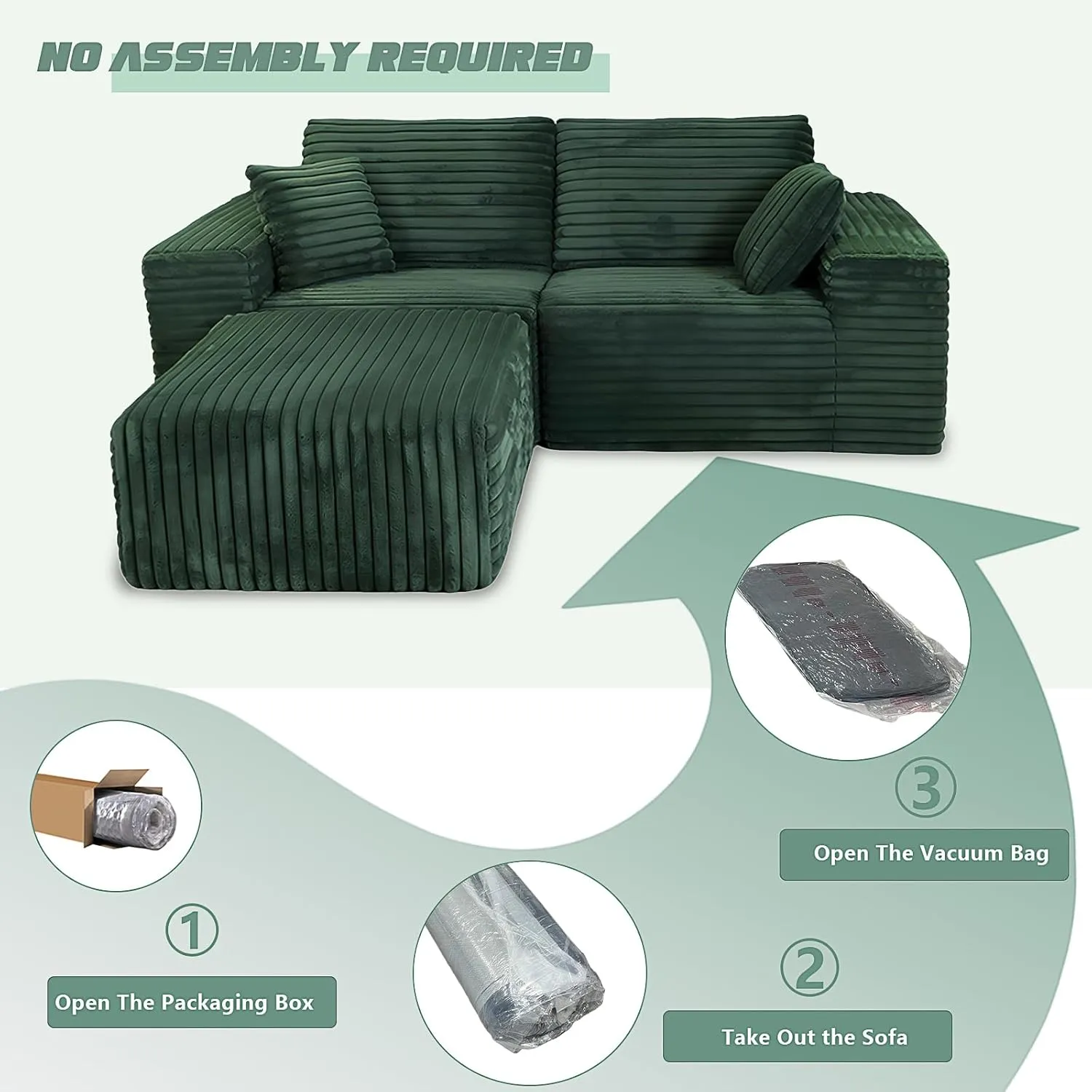 85" Cloud Small Love Seat Couches, Modular L Shaped Sectional Sofa with Chaise, Plush Corduroy Couch, No Assembly Deep Seat Memory Foam Couch with 2 Pillows for Apartment & Bedroom,Green
