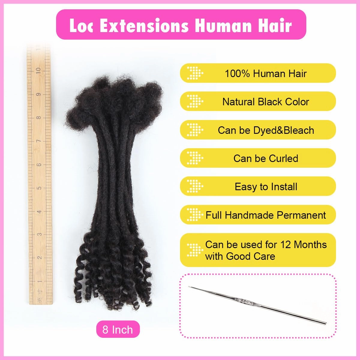 8 inch Loc Extensions Human Hair with Curly Ends, 0.4cm Width Permanent Dreadlock Extension Human Hair 20 Strands Natural Black 100% Full Handmade Dreads .Dyed and Bleached Pre Curled Drealocks