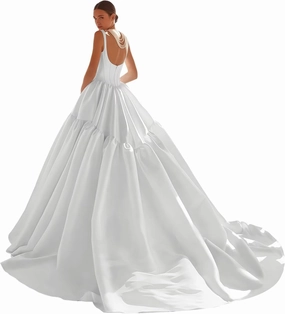 A Line Long Satin Wedding Dress for Bride, Bobo Spaghetti Straps Ruched Bride Gowns with Train for Women