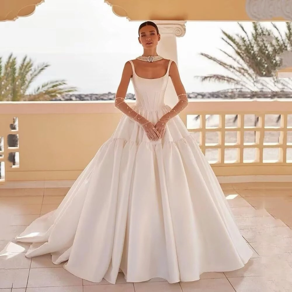 A Line Long Satin Wedding Dress for Bride, Bobo Spaghetti Straps Ruched Bride Gowns with Train for Women