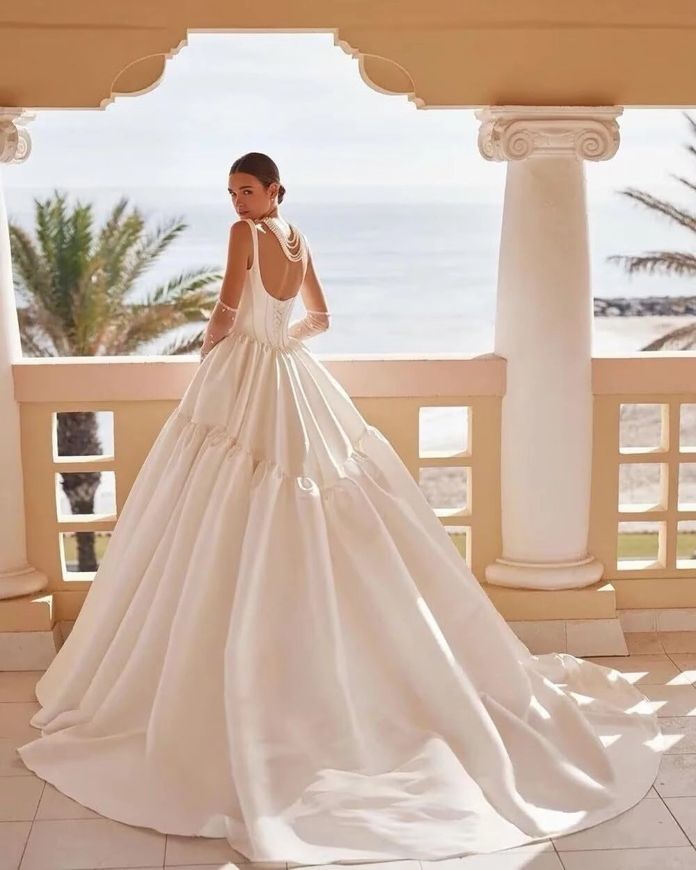 A Line Long Satin Wedding Dress for Bride, Bobo Spaghetti Straps Ruched Bride Gowns with Train for Women