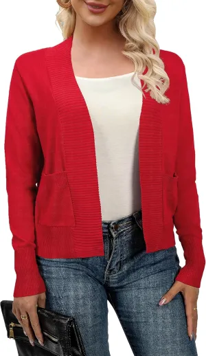 AAMILIFE Women’s Long Sleeve Cardigan Knit Sweaters Bolero Open Front Short Shrugs Cropped Cardigan with Pocket