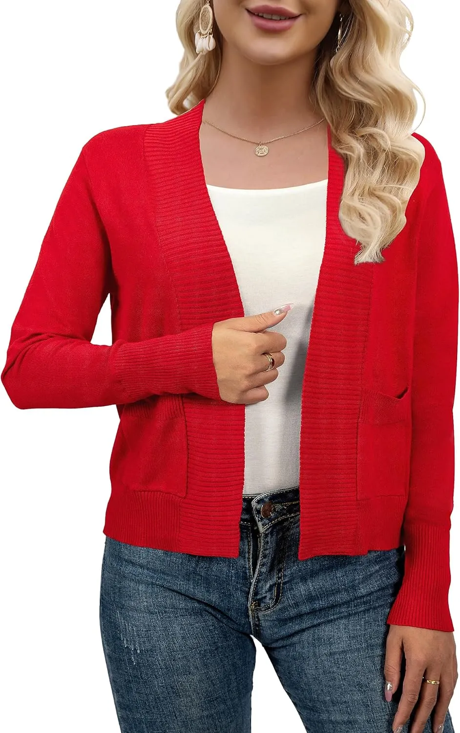 AAMILIFE Women’s Long Sleeve Cardigan Knit Sweaters Bolero Open Front Short Shrugs Cropped Cardigan with Pocket