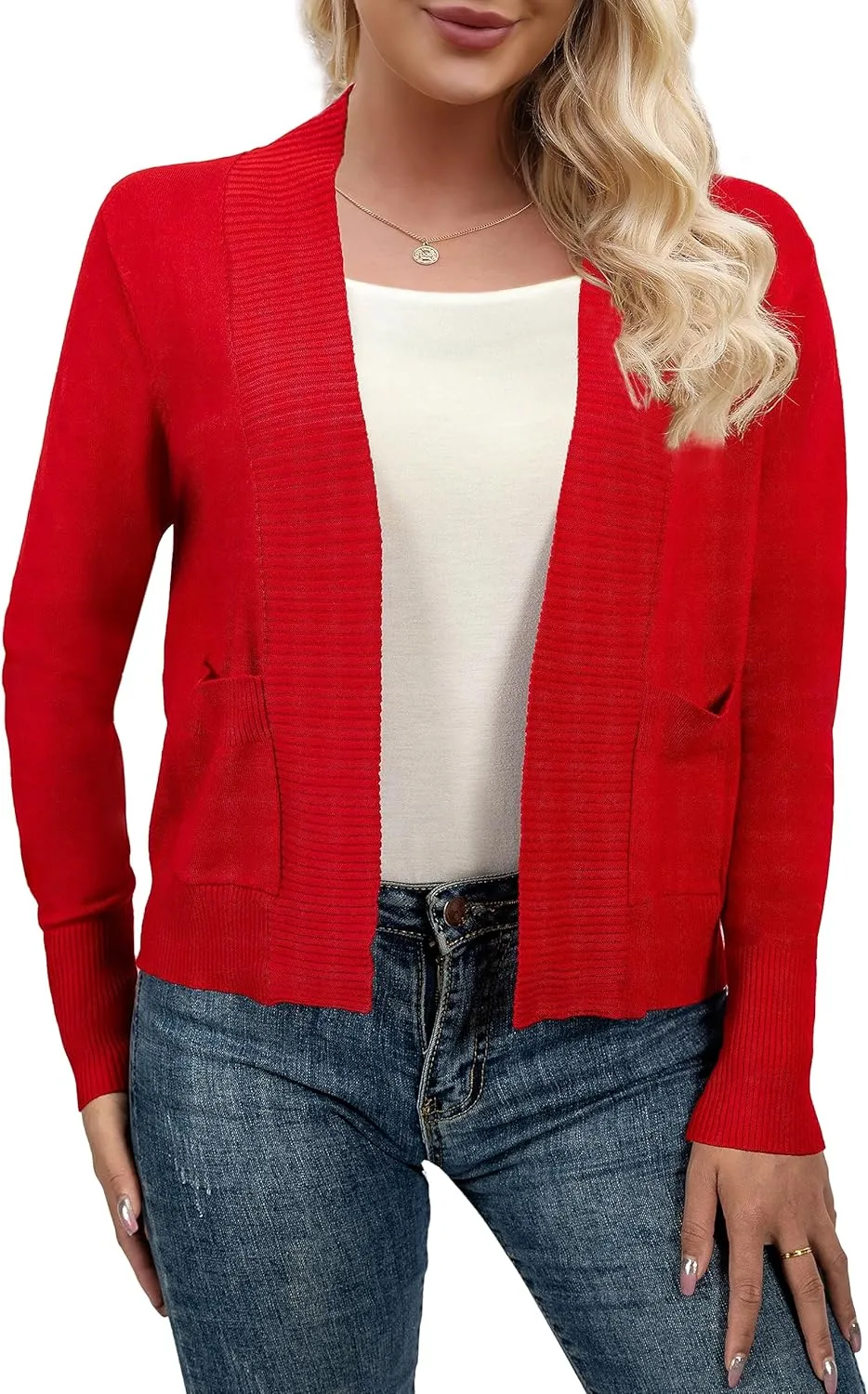AAMILIFE Women’s Long Sleeve Cardigan Knit Sweaters Bolero Open Front Short Shrugs Cropped Cardigan with Pocket
