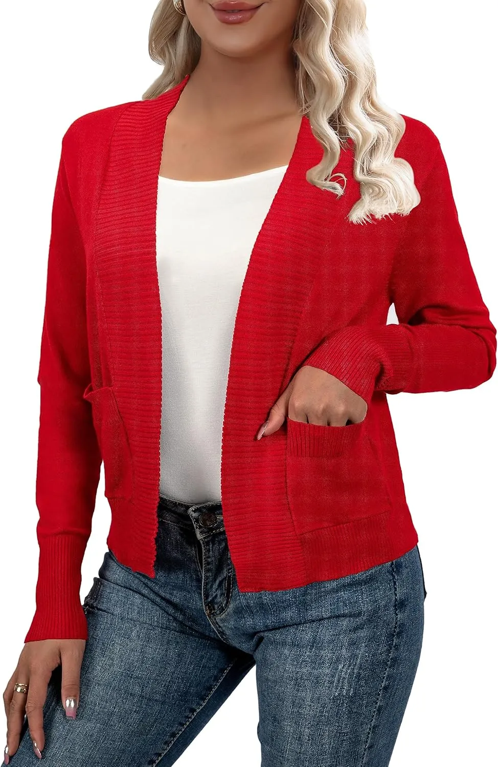 AAMILIFE Women’s Long Sleeve Cardigan Knit Sweaters Bolero Open Front Short Shrugs Cropped Cardigan with Pocket