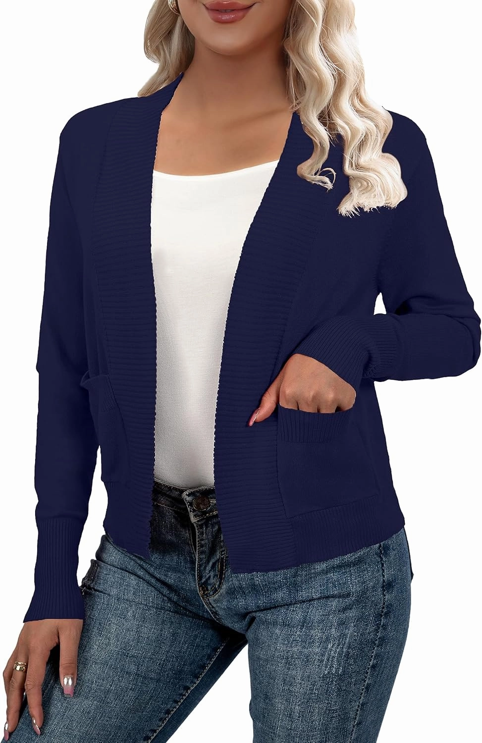 AAMILIFE Women’s Long Sleeve Cardigan Knit Sweaters Bolero Open Front Short Shrugs Cropped Cardigan with Pocket