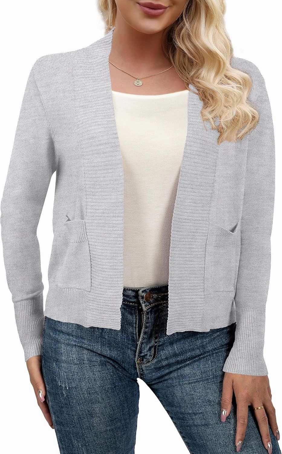 AAMILIFE Women’s Long Sleeve Cardigan Knit Sweaters Bolero Open Front Short Shrugs Cropped Cardigan with Pocket