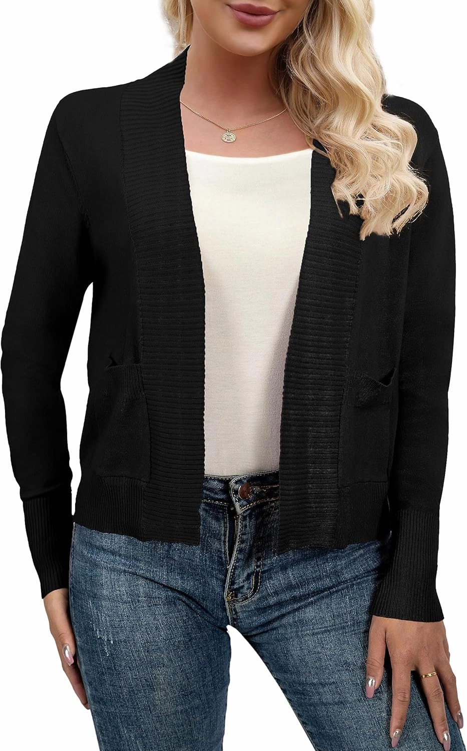 AAMILIFE Women’s Long Sleeve Cardigan Knit Sweaters Bolero Open Front Short Shrugs Cropped Cardigan with Pocket