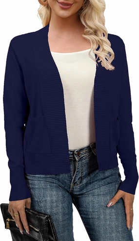AAMILIFE Women’s Long Sleeve Cardigan Knit Sweaters Bolero Open Front Short Shrugs Cropped Cardigan with Pocket