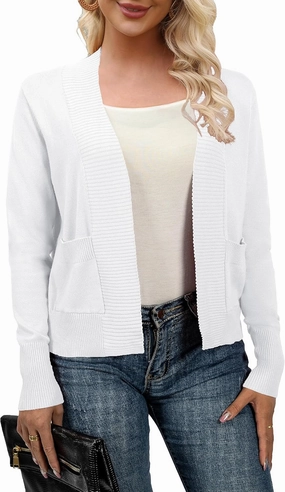 AAMILIFE Women’s Long Sleeve Cardigan Knit Sweaters Bolero Open Front Short Shrugs Cropped Cardigan with Pocket