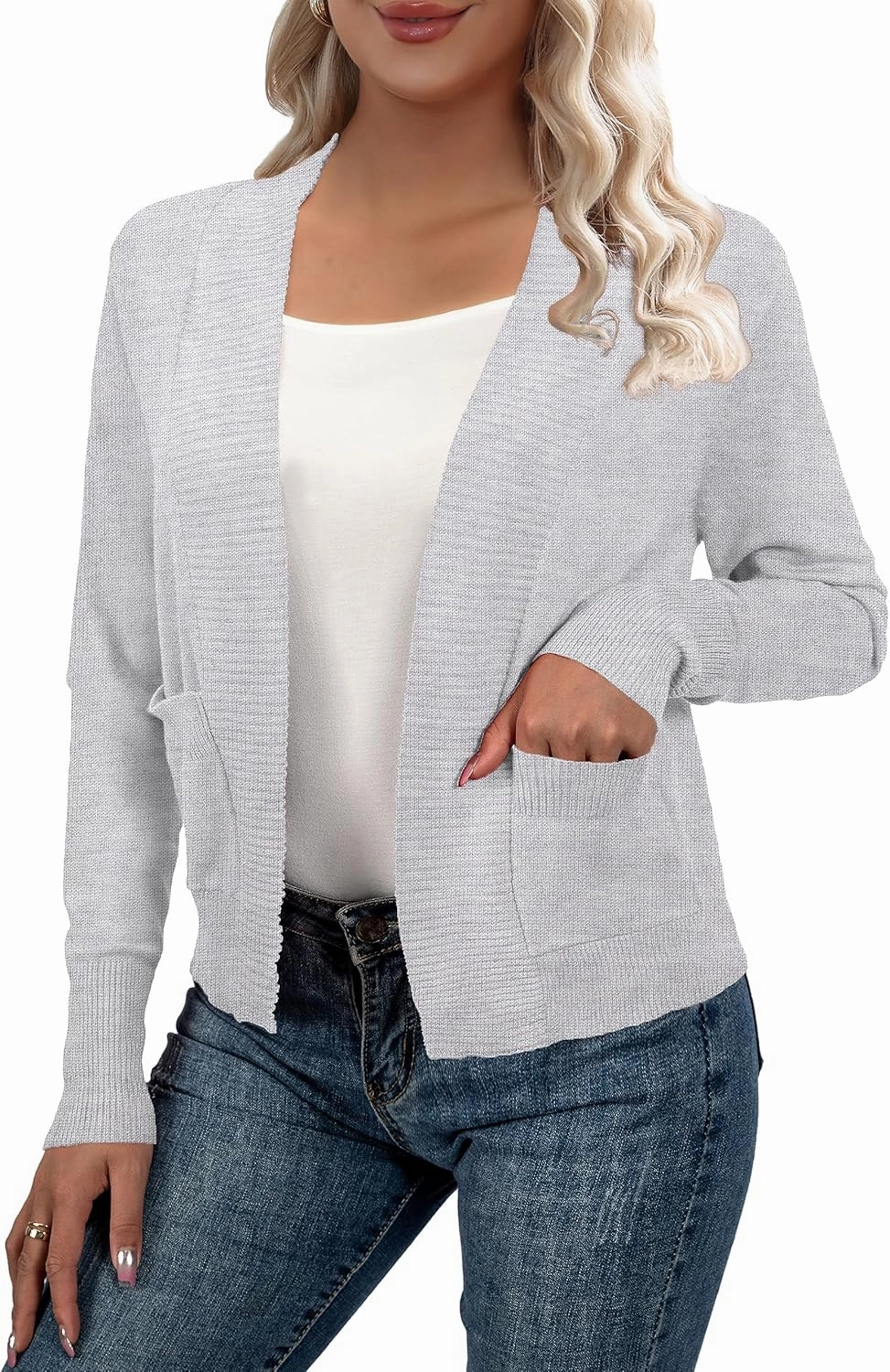 AAMILIFE Women’s Long Sleeve Cardigan Knit Sweaters Bolero Open Front Short Shrugs Cropped Cardigan with Pocket